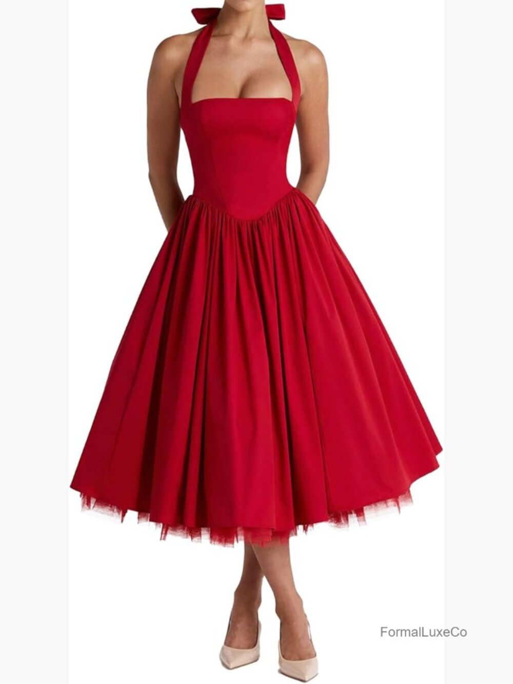 Halter Corset Back Midi Dress with Layered Tulle Skirt Formal A-Line